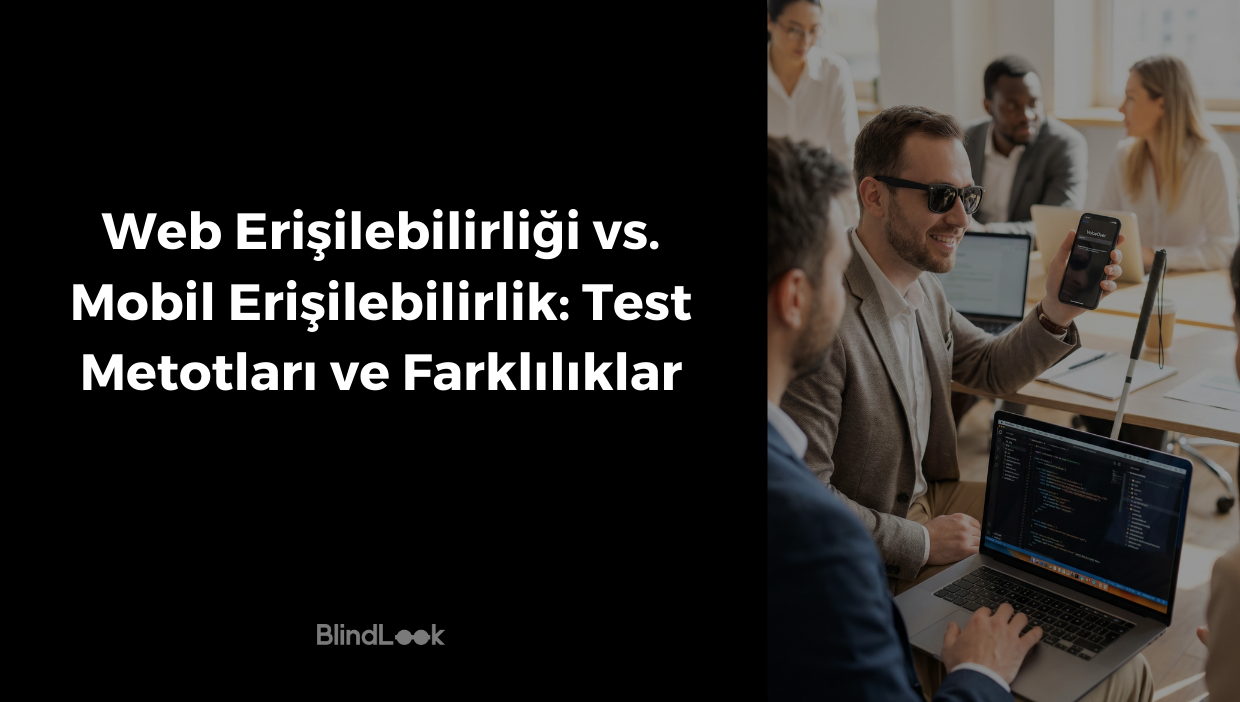 Güneş gözlüğü takan görme engelli bir profesyonel, ofis ortamında iş arkadaşlarına akıllı telefonundaki VoiceOver ekranını gösteriyor.