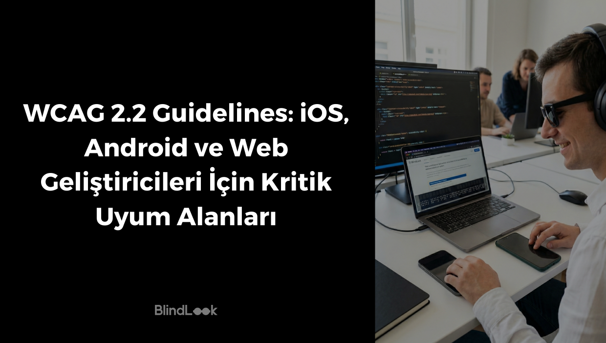 Gemini said Siyah bir zemin üzerinde beyaz harflerle "WCAG 2.2 Guidelines: iOS, Android ve Web Geliştiricileri İçin Kritik Uyum Alanları" başlığı ve BlindLook logosu; sağ tarafta ise aydınlık bir ofis ortamında, güneş gözlüğü ve kulaklık takarak bilgisayar başında çalışan, masasında ekranları karartılmış iki akıllı telefon bulunan gülümseyen bir adamın ve arka planda çalışan iş arkadaşlarının yer aldığı profesyonel görsel.