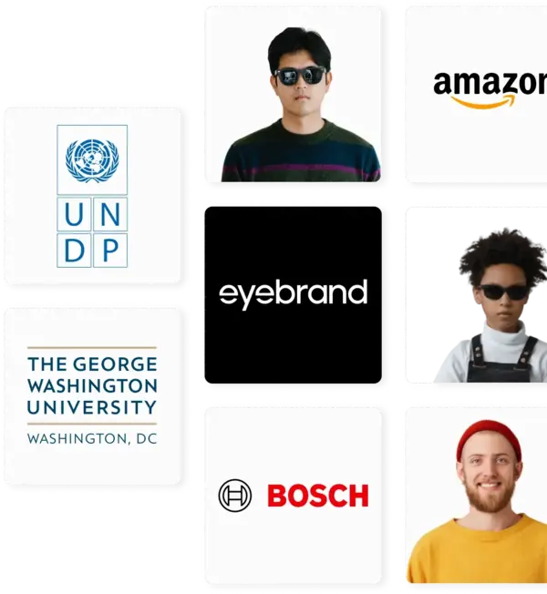  Ekranda beyaz bir arka plan üzerinde EyeBrand olan markalardan Bosch ve Amazon logoları, görme engelli bir kadın ve bir adam en alt kısımda ise gülümser bir yüzle ekrana bakan bir adam bulunuyor. Ekranda ayrıca UNDP ve The George Washington University yazıları ve logoları var. Tüm bu görsellerin tam ortasında ise EyeBrand yazısı bulunuyor.