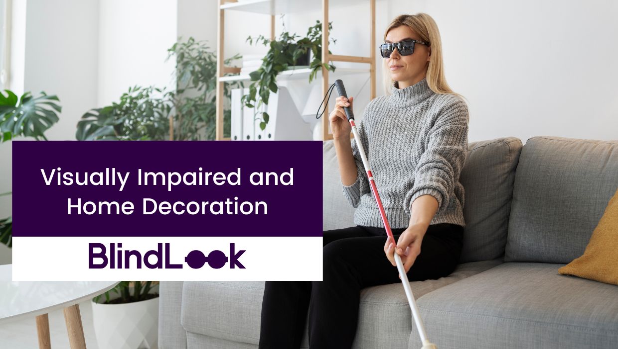 A visually impaired women sitting on an armchair at her home is holding a white cane with her two hand