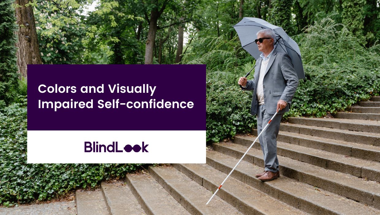 A picture of an elderly man descending stairs while holding an umbrella with his right hand and a white cane with his left hand