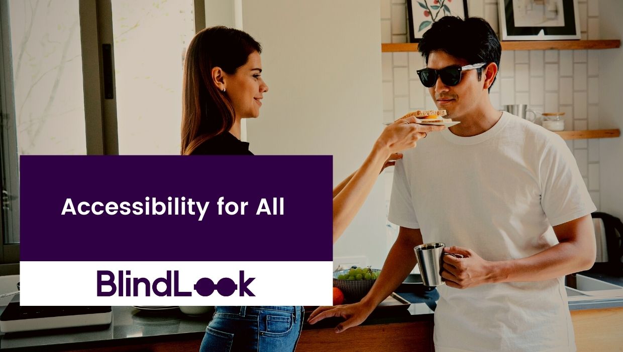 A woman preparing something in the kitchen with a visually impaired man standing beside her