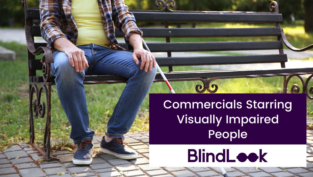 The screen features a visually impaired man holding his cane and sitting on a bench