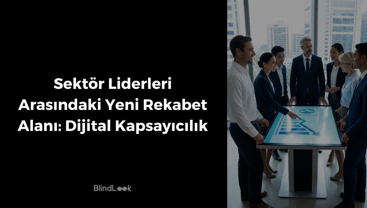 Görsel iki ana bölümden oluşmaktadır. Sol tarafta siyah arka plan üzerinde beyaz ve büyük harflerle "Sektör Liderleri Arasındaki Yeni Rekabet Alanı: Dijital Kapsayıcılık" başlığı, en altta ise BlindLook logosu yer almaktadır. Sağ tarafta ise dikey bir kompozisyonda, modern ve şehir manzaralı bir ofis içerisinde, büyük ve ışıklı dijital bir masa etrafında toplanmış profesyonel bir ekip görülmektedir. Takım elbiseli kadın ve erkeklerden oluşan grup, masadaki grafik ve verileri inceleyerek stratejik bir toplantı gerçekleştirmektedir.