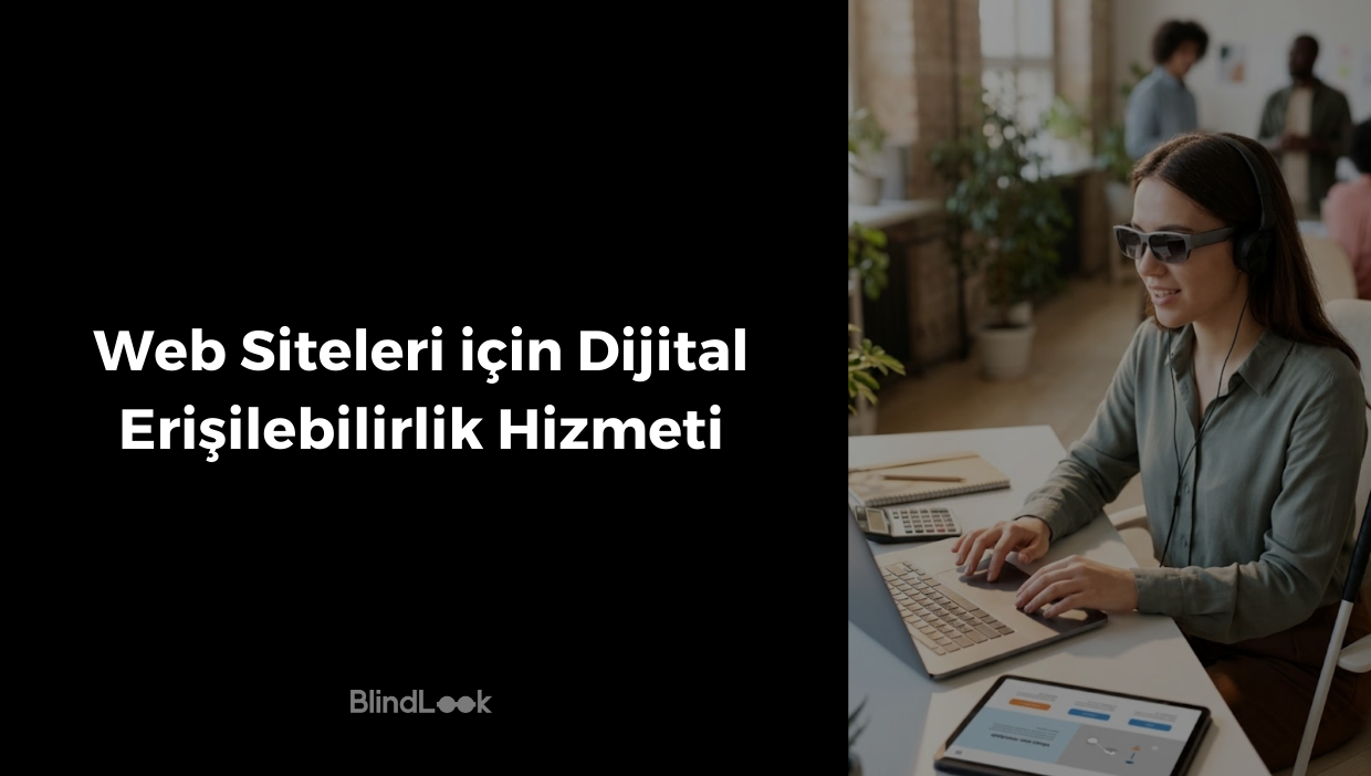 Görsel iki dikey bölüme ayrılmıştır. Sol tarafta siyah bir arka plan üzerinde beyaz, büyük harflerle "Web Siteleri için Dijital Erişilebilirlik Hizmeti" başlığı ve en altta BlindLook logosu yer alır. Sağ tarafta ise aydınlık ve modern bir ofis ortamında, masasında laptopuyla çalışan görme engelli bir kadın görülmektedir. Siyah güneş gözlüğü ve kulaklık takan kadın, gülümseyerek bilgisayarını kullanmaktadır. Masasında bir tablet, not defteri ve hesap makinesi bulunmakta; sandalyesine beyaz bir baston yaslanmıştır. Arka planda ofis içerisindeki diğer insanlar bulanık bir şekilde seçilebilmektedir.