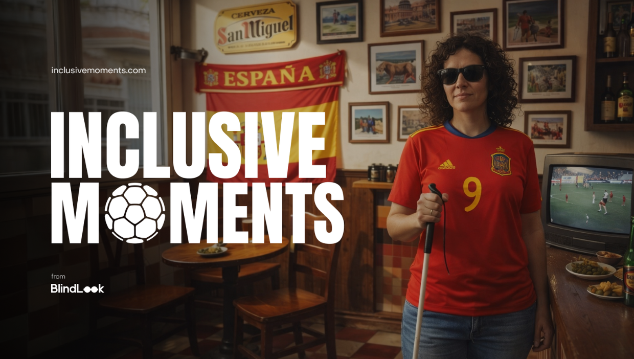 Inclusive Moments Kampanya Afişi: Yüksek kontrastlı siyah arka plan üzerinde, büyük, beyaz harflerle "INCLUSIVE MOMENTS" yazıyor ve "MOMENTS" kelimesindeki "O" harfi bir futbol topu simgesi ile değiştirilmiş. Sol alt köşede daha küçük metinle "When the world celebrates, who gets left out?" sorusu yer alıyor. Sağ alt köşede, kavisli mavi, mor, turuncu ve kırmızı şeritlerden oluşan bir grafik unsuru ile "from BlindLook" marka logosu bulunuyor.
