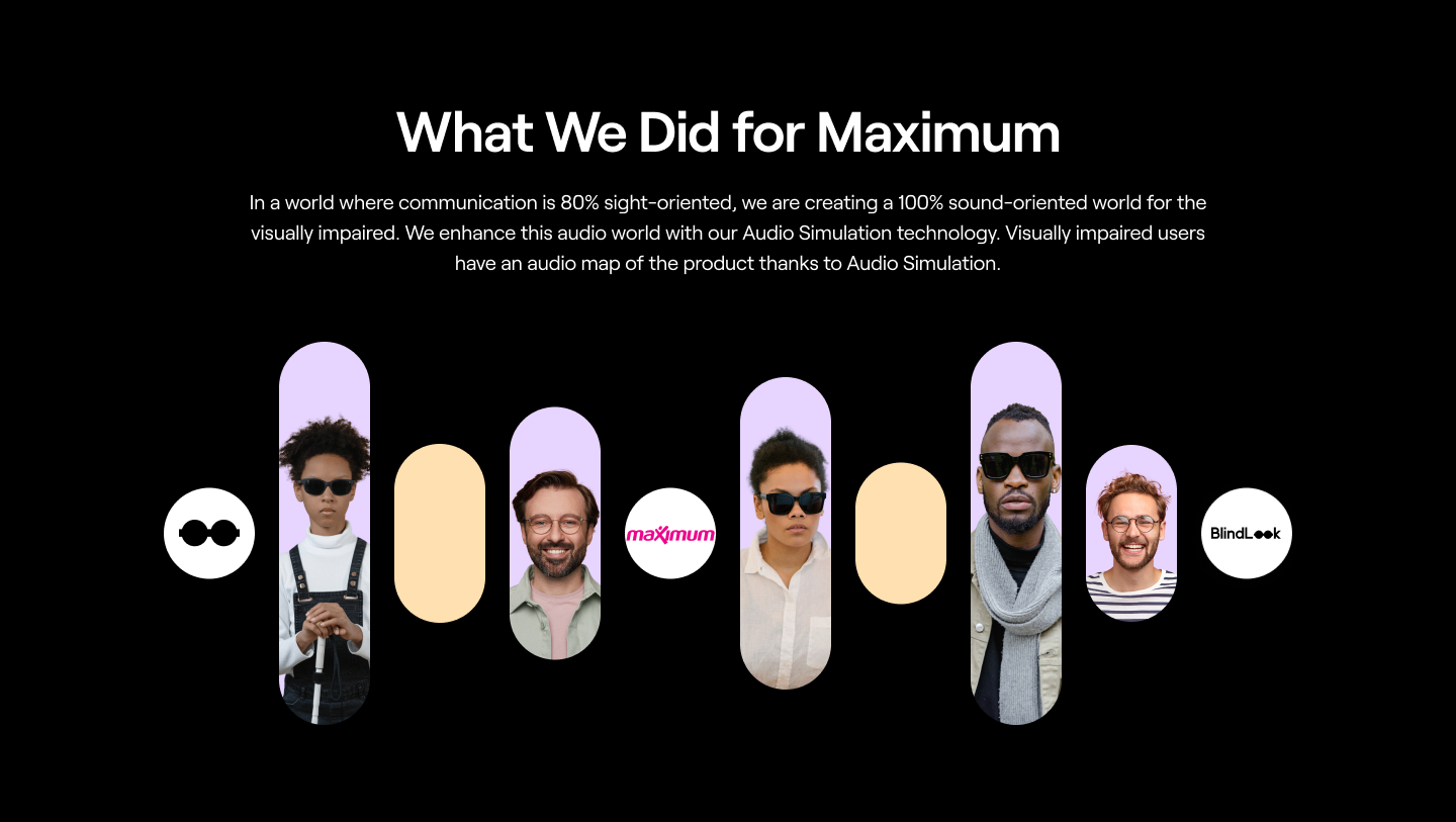 A black-background graphic titled “What We Did for Maximum” explains how Audio Simulation technology creates a sound-oriented experience for visually impaired users. The lower section features diverse people, rounded graphic shapes, and the Maximum and BlindLook logos.