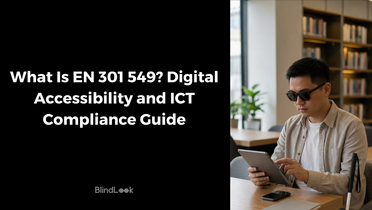 Blog hero image titled EN 301 549, Digital Accessibility and ICT Compliance Guide, showing a visually impaired man using a tablet in a modern workspace with his white cane beside him.