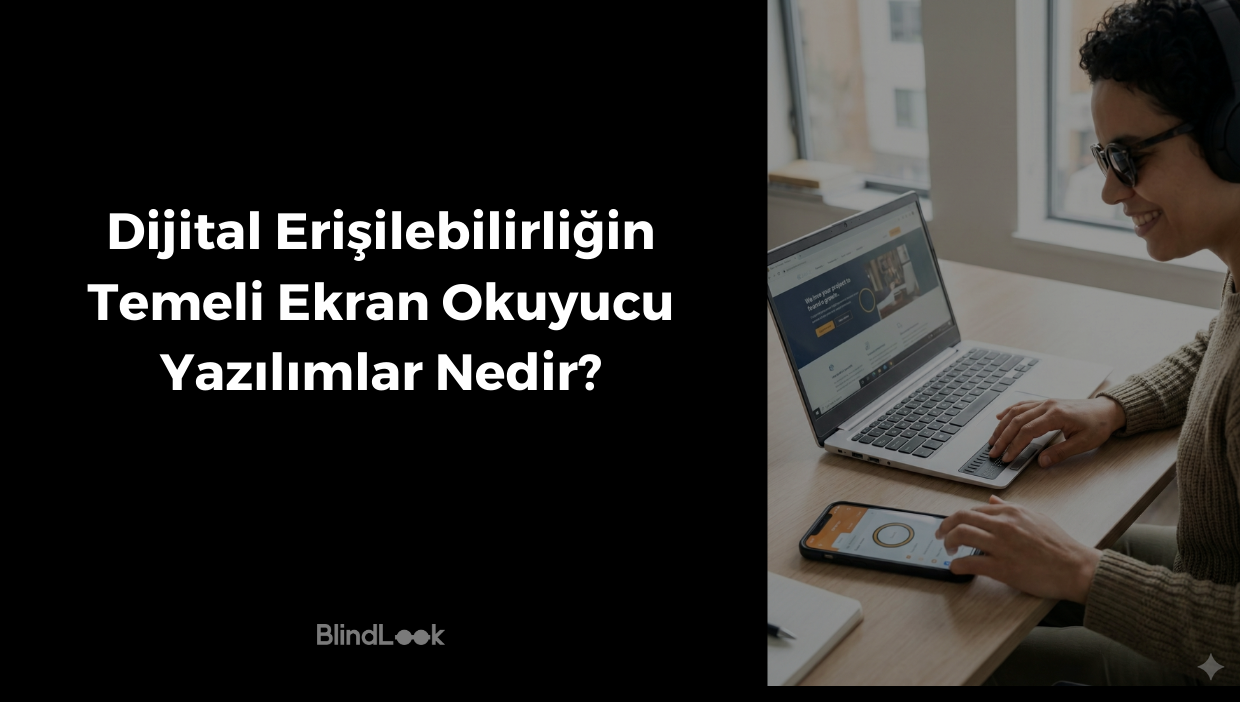 Siyah bir zemin üzerinde beyaz harflerle "Dijital Erişilebilirliğin Temeli Ekran Okuyucu Yazılımlar Nedir?" başlığı ve BlindLook logosu; sağ tarafta ise aydınlık bir çalışma ortamında, güneş gözlüğü ve kulaklık takarak bir dizüstü bilgisayar ve bir akıllı telefonu aynı anda kullanarak ekran okuyucu deneyimleyen, gülümseyen bir kadının yer aldığı görsel.