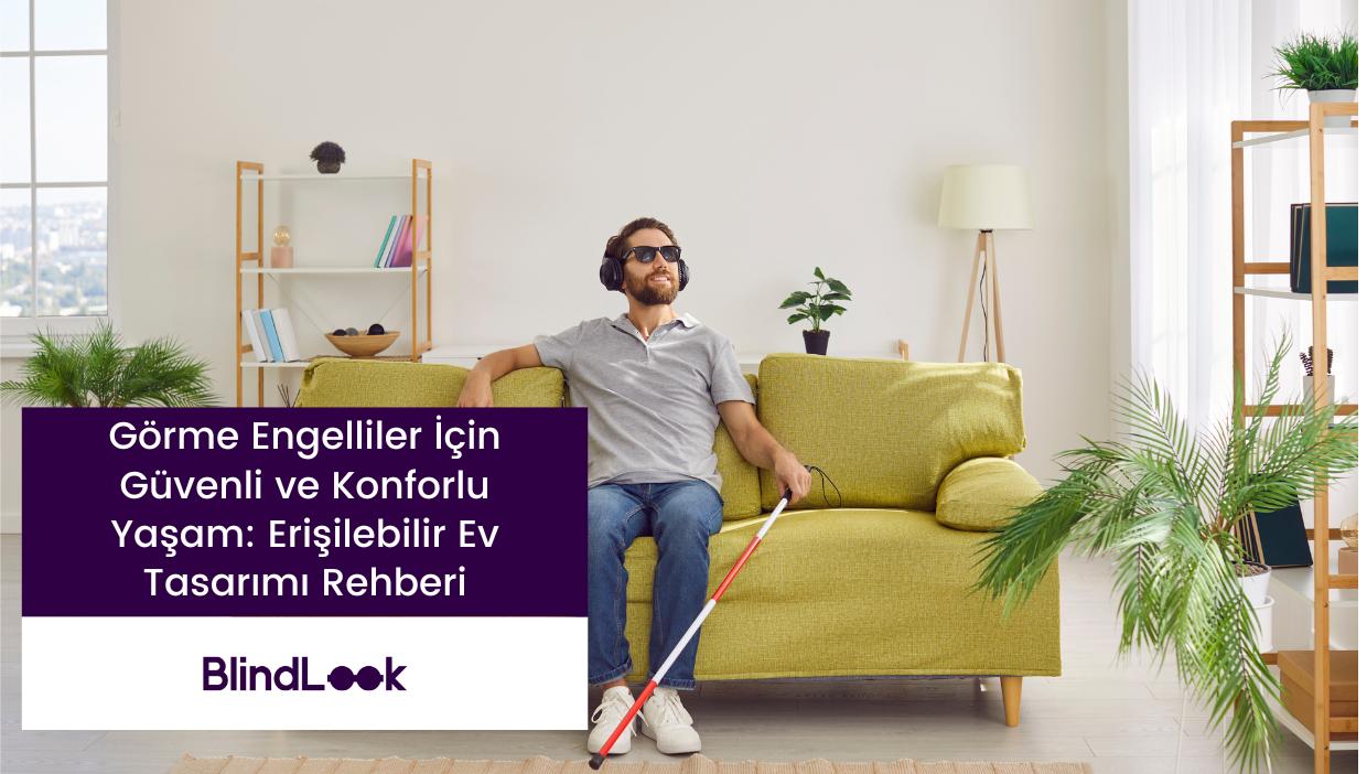 Görme engelli bir adan beyaz bastonu ile koltukta oturuyor