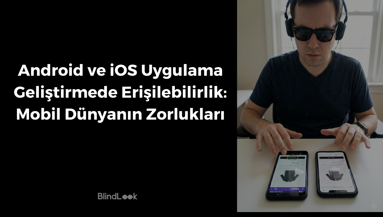 Siyah bir zemin üzerinde beyaz harflerle "Android ve iOS Uygulama Geliştirmede Erişilebilirlik: Mobil Dünyanın Zorlukları" başlığı ve BlindLook logosu; sağ tarafta ise iki farklı akıllı telefonu aynı anda kullanarak erişilebilirlik testi yapan, kulaklık ve güneş gözlüğü takmış bir görme engelli adamın yer aldığı görsel.