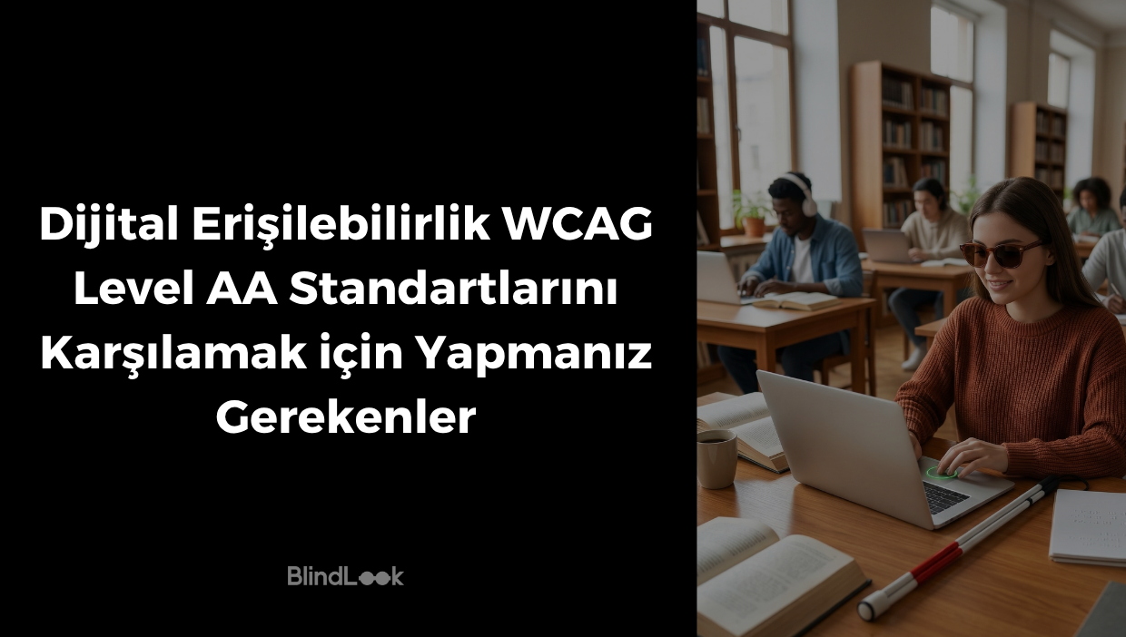 Solda, siyah arka plan üzerinde büyük beyaz harflerle 'Dijital Erişilebilirlik WCAG Level AA Standartlarını Karşılamak İçin Yapmanız Gerekenler' yazısı ve altında 'BlindLook' logosu yer alıyor. Sağda ise bir kütüphane ortamında geçen bir fotoğraf var. Ön planda, masada laptopuyla çalışan güneş gözlüklü genç bir kadın görülüyor. Masasında kitaplar, kahve fincanı ve katlanabilir bir beyaz görme engelli bastonu duruyor. Arka planda diğer öğrenciler ve kitap rafları seçiliyor.