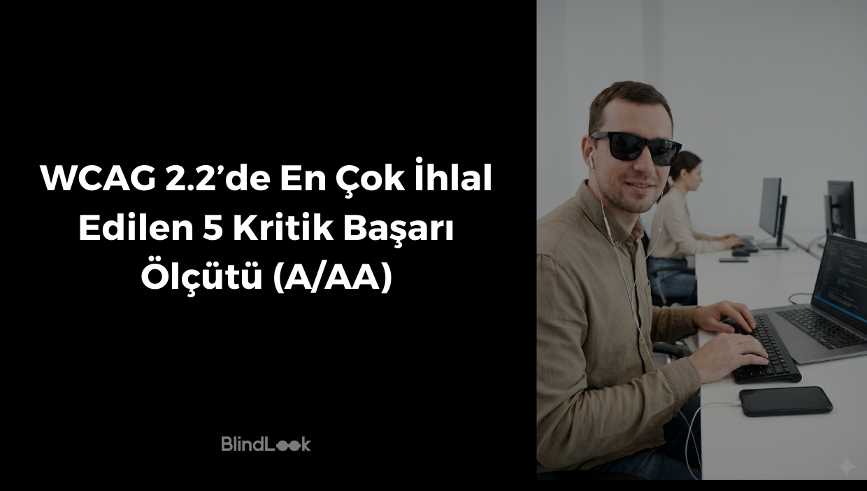 Güneş gözlüğü ve kablolu kulaklık takan görme engelli bir adam, modern bir ofis ortamındaki masasında otururken gülümseyerek kameraya bakıyor. Önünde, harici bir klavye ve ekranda kod satırları görünen açık bir dizüstü bilgisayar var. Masada ayrıca ekranı kapalı, siyah bir akıllı telefon duruyor. Arka planda, bulanık olarak görülen bir kadın meslektaşı kendi bilgisayarında çalışıyor.