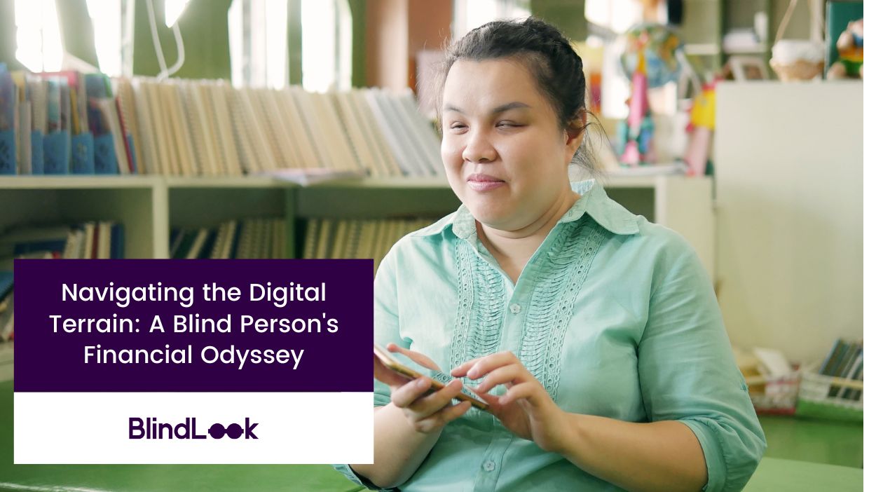 A visually impaired woman examines her phone.