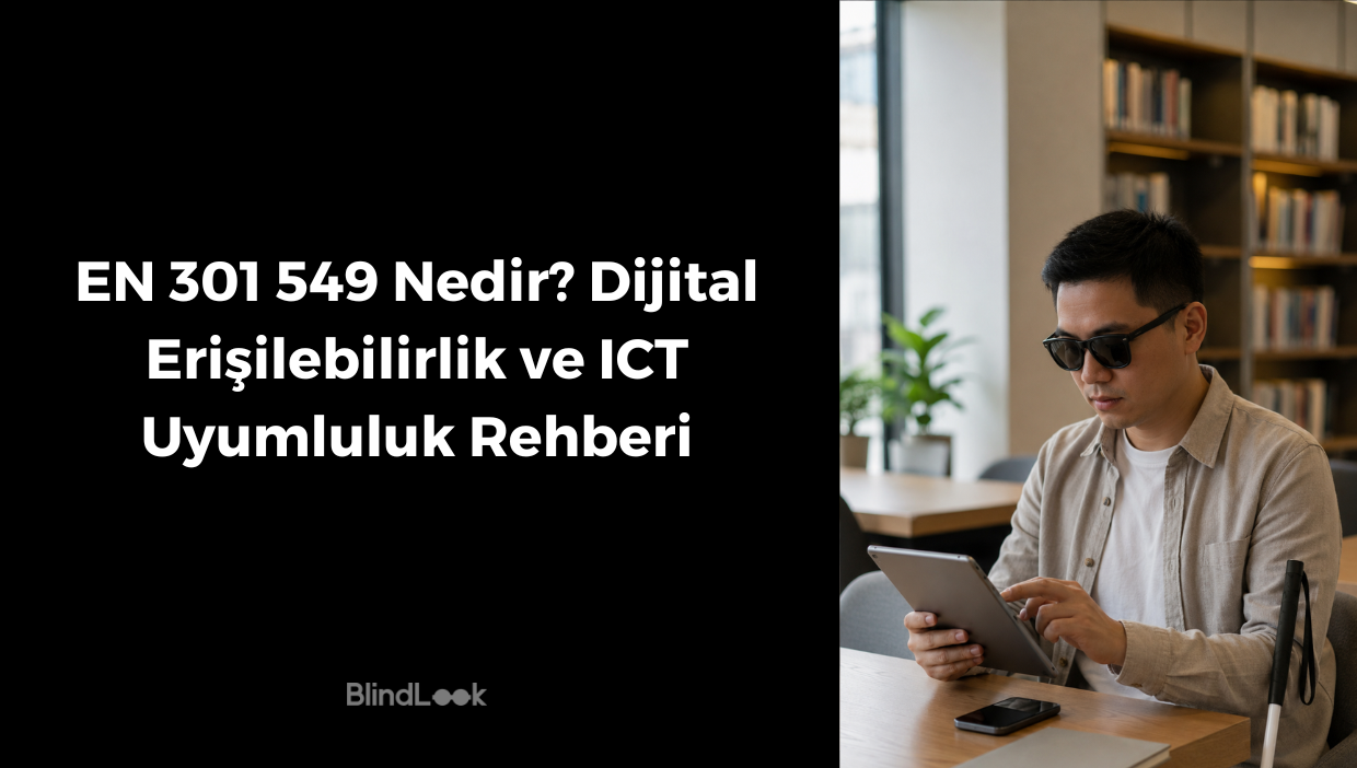 EN 301 549, dijital erişilebilirlik ve ICT uyumluluk rehberi başlıklı blog görselinde, modern bir çalışma alanında tablet kullanan görme engelli bir erkek ve yanında beyaz bastonu yer alıyor.