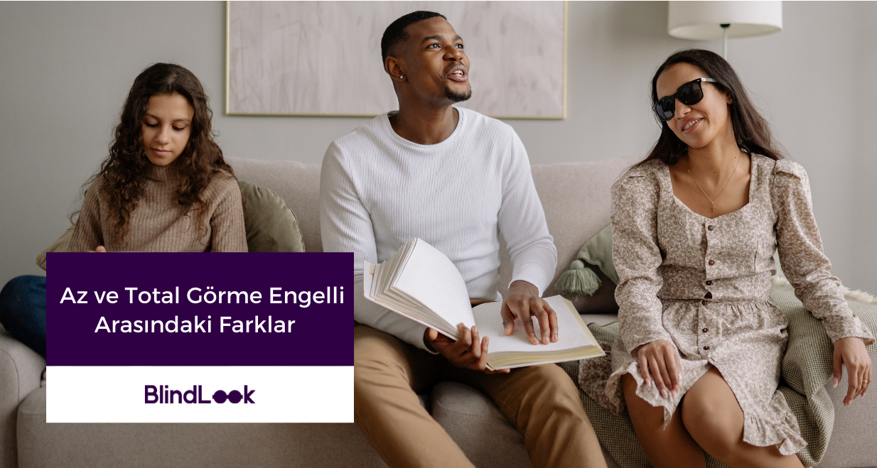 Ekranda görme engelli bir adam elinde kitap tutuyor, yanında oturan görme engelli kadın ile bişeyler konuşuyorlar.