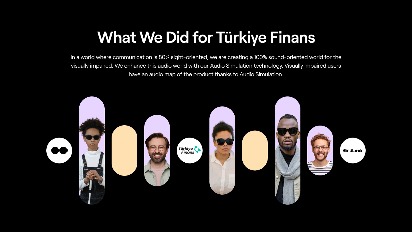 A black-background graphic titled “What We Did for Türkiye Finans” explains how Audio Simulation technology creates a sound-oriented experience for visually impaired users. The lower section features diverse people, abstract rounded shapes, and the Türkiye Finans and BlindLook logos.