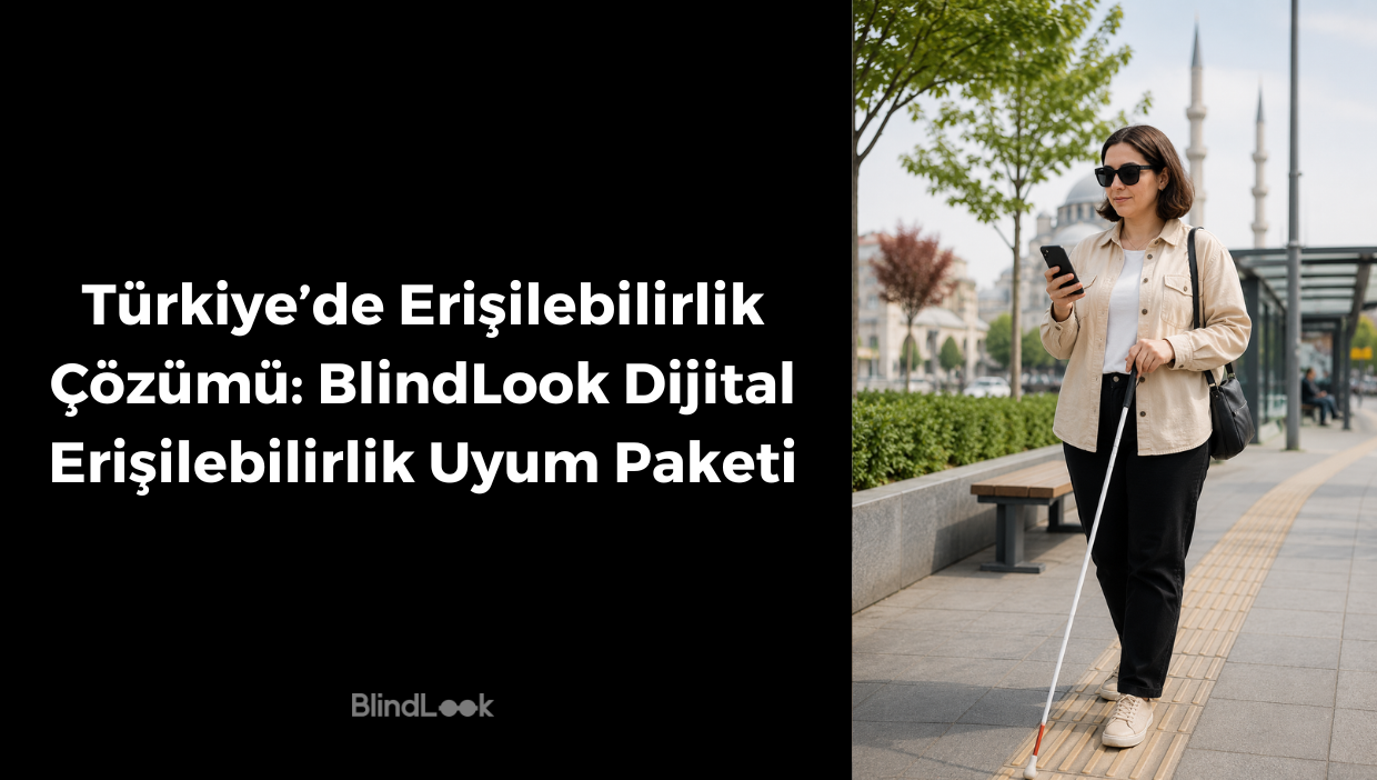 Türkiye’de Erişilebilirlik Çözümü: BlindLook Dijital Erişilebilirlik Uyum Paketi başlıklı görselde, şehirde beyaz bastonuyla yürürken telefon kullanan güneş gözlüklü görme engelli bir kadın yer alıyor.