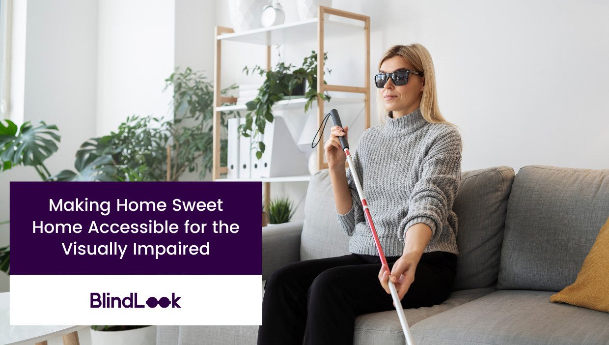 A visually impaired woman is holding a white cane and sitting on the sofa in her home.