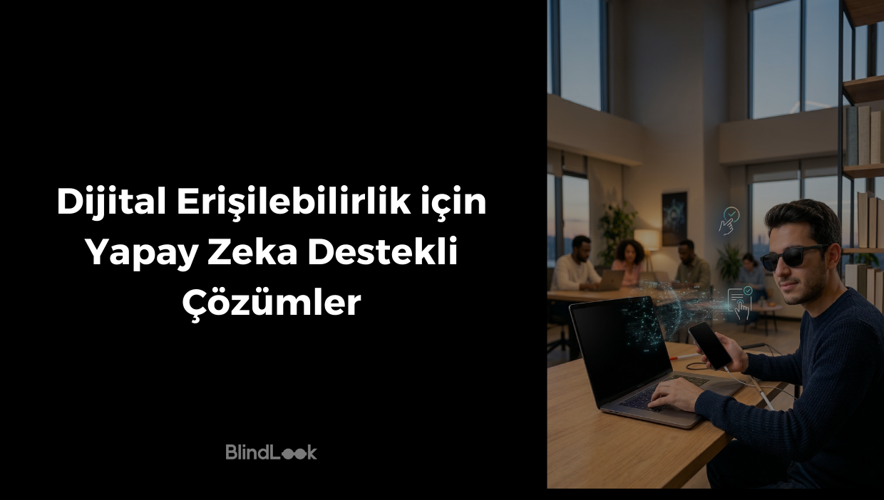 İki bölümlü bir görsel: Sol tarafta siyah arka plan üzerinde beyaz renkle 'Dijital Erişilebilirlik için Yapay Zeka Destekli Çözümler' yazısı ve BlindLook logosu yer alıyor. Sağ tarafta ise modern bir ofis ortamında, güneş gözlüklü (görme engelli) genç bir erkek, ekranları karartılmış bir dizüstü bilgisayar ve akıllı telefon kullanırken görülüyor. Cihazların çevresinde yapay zeka ve dijital etkileşimi simgeleyen parlayan mavi teknolojik ağ çizgileri ve dokunmatik ekran ikonları yer alıyor.