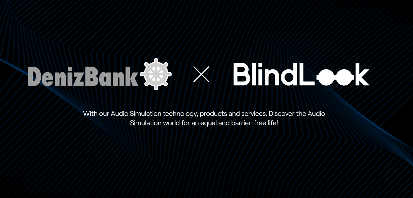 DenizBank and BlindLook logos on a dark background, introducing their Audio Simulation collaboration for a more accessible and barrier-free experience.