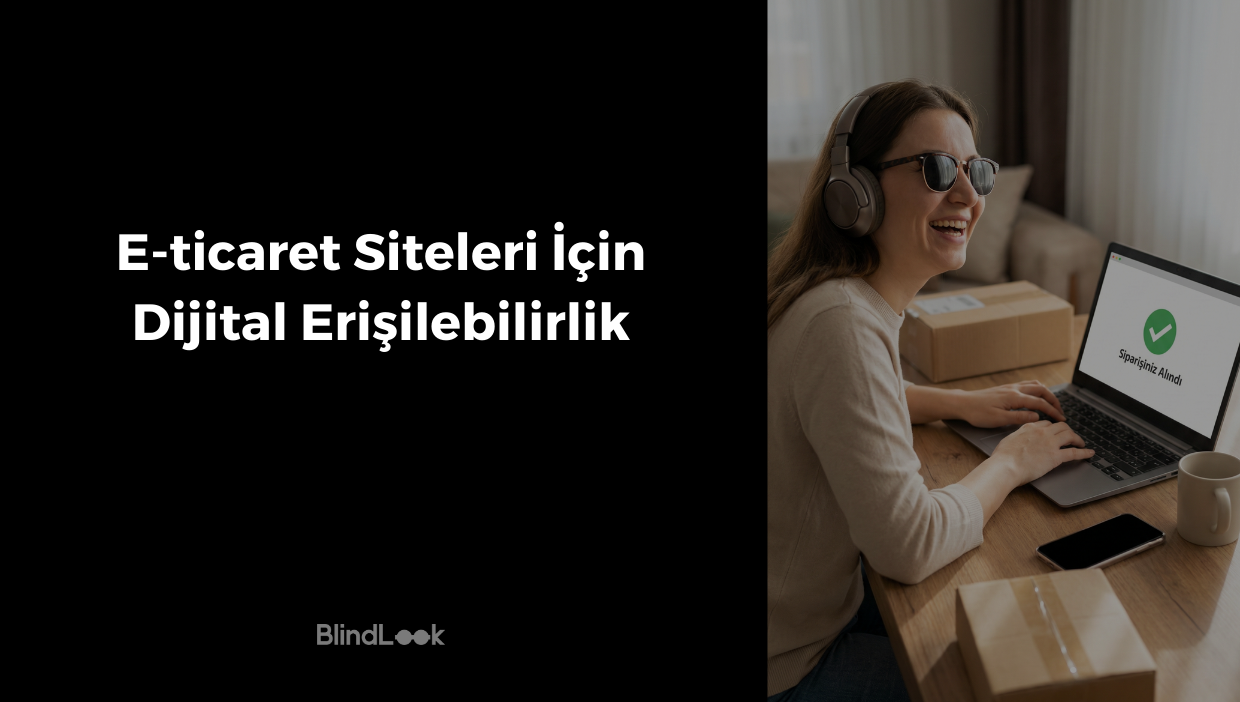 Görsel iki ana bölümden oluşmaktadır. Sol tarafta siyah arka plan üzerinde beyaz ve büyük harflerle "E-ticaret Siteleri İçin Dijital Erişilebilirlik" başlığı, en altta ise BlindLook logosu yer almaktadır. Sağ tarafta ise aydınlık bir ev ortamında, güneş gözlüğü ve kulaklık takmış, mutlulukla gülümseyen bir kadın laptop başında görülmektedir. Laptop ekranında yeşil bir onay işareti simgesi ve altında "Siparişiniz Alındı" yazısı bulunmaktadır. Masanın üzerinde kargo kutuları, ekranı karartılmış bir akıllı telefon ve sade bir kupa bardağı yer almaktadır.
