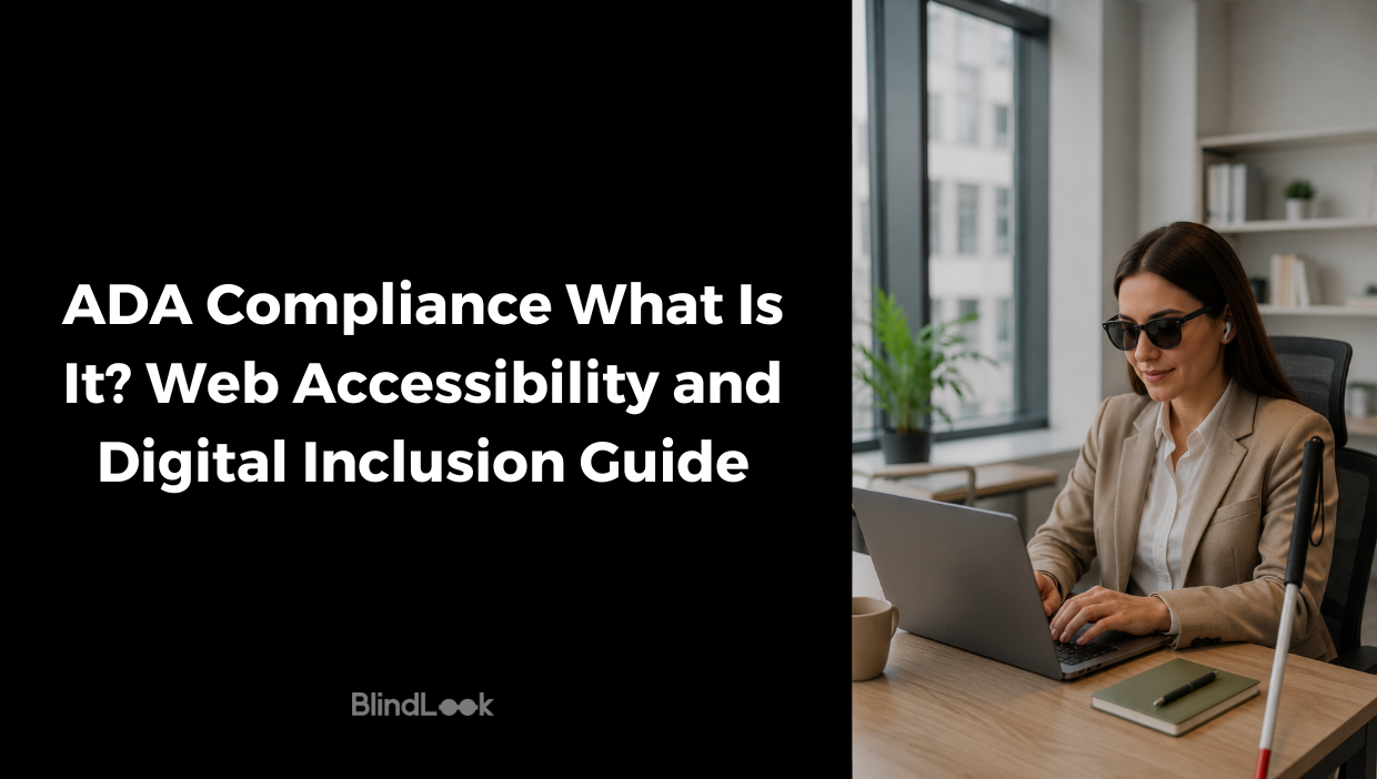 Blog hero image titled ADA Compliance, Web Accessibility and Digital Inclusion Guide, showing a visually impaired woman using a laptop in a modern office with her white cane beside her.