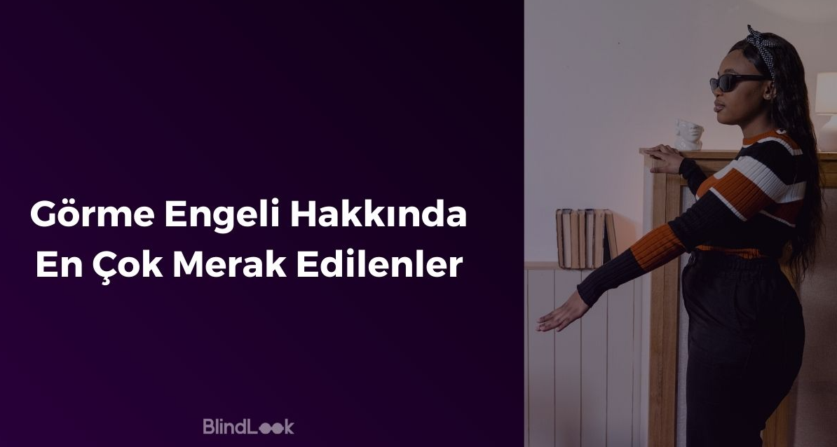 Ekranda sağ eli ile duvarı sol elini ise ileri uzatmış bir görme engelli kadın.